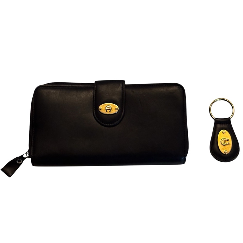 Aigner Black Genuine Leather Wallet keychain set Vintage Organizer gold hardware